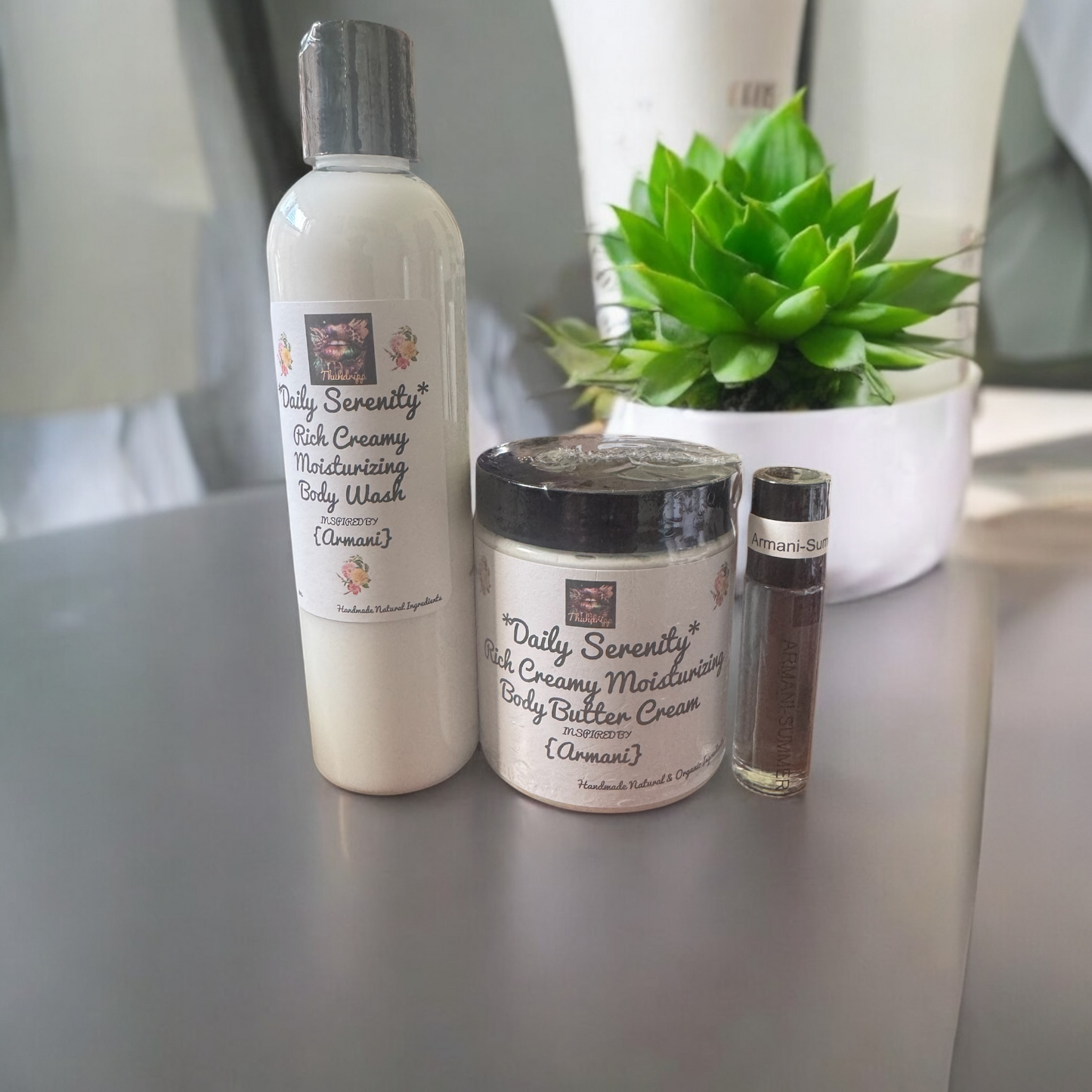 *Daily Serenity* Women's Body Butter Cream & Roll on Body oil , Body wash Bundle Pack (Inspired by Armani) (Handcrafted just for you)