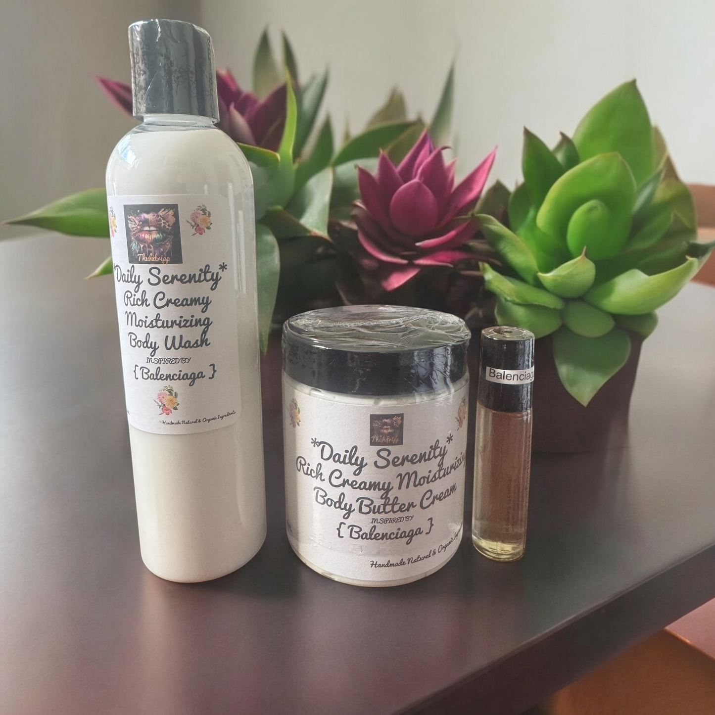 *Daily Serenity* Women's Body Butter Cream & Roll on Body oil & Body Wash Bundle Pack (Inspired by Balenciaga) (Handcrafted just for you)