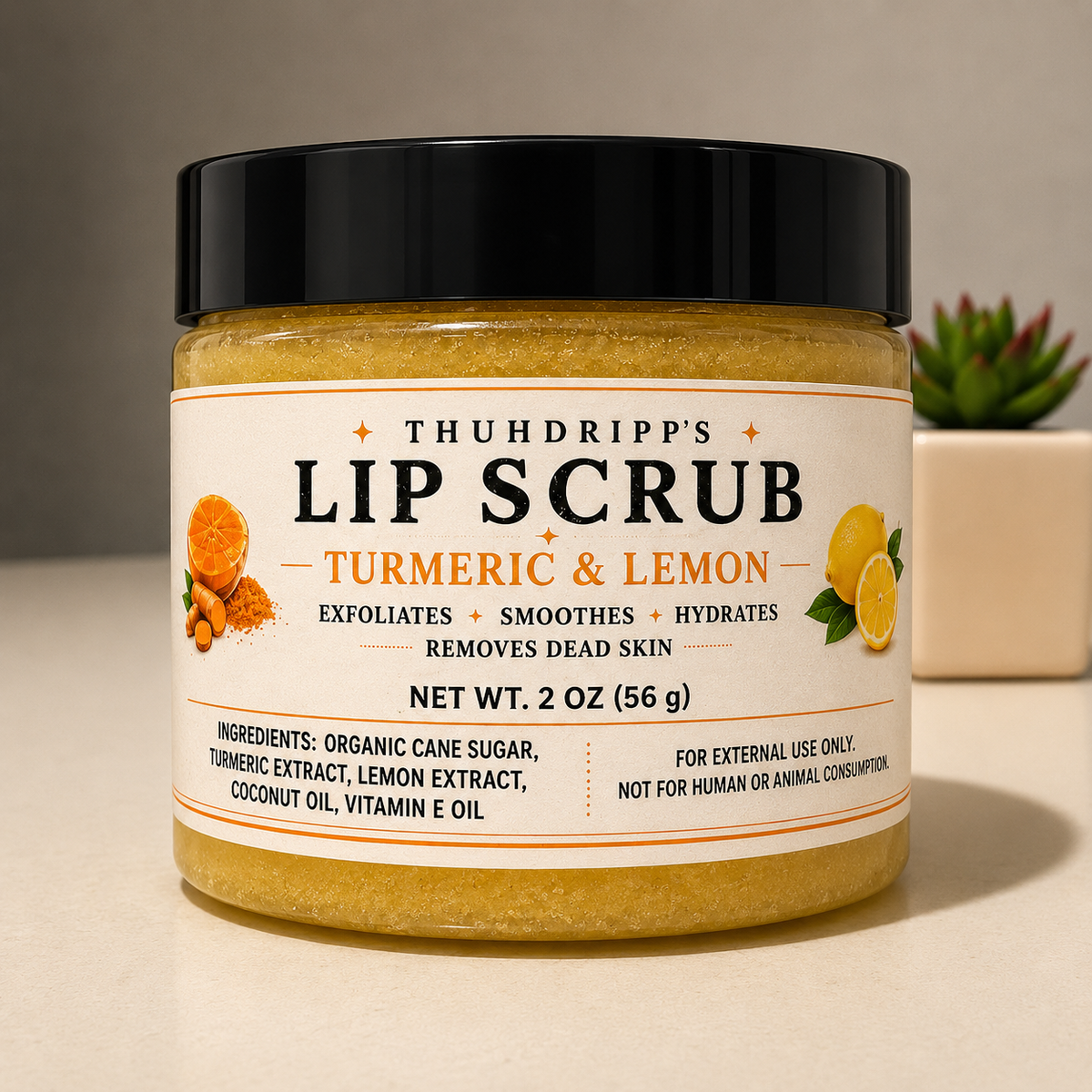 Tumeric& Lemon Exfoliating Lip Scrub – 2 oz | Smooth, Soften & Hydrate-  Cruelty Free